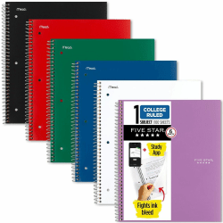 Mead Five Star Spiral Notebooks, 1 Subject, College Ruled, 100 Sheets, Assorted, Pack Of 6