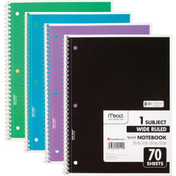 Mead Spiral Notebooks, 1 Subject, Wide Ruled, 70 Sheets, Assorted Colors, Pack Of 4 Notebooks