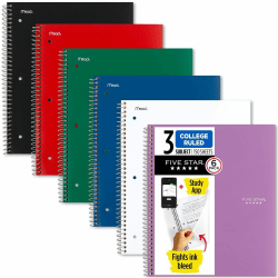 Mead Five Star Wire-Bound Notebooks, 9-1/2in x 6in, 2 Subject, College Ruled, 80 Sheets, Assorted Colors, Pack Of 6 Notebooks