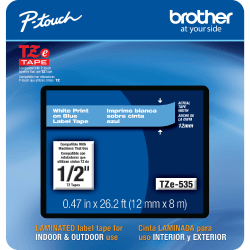 Brother TZE535CS Genuine P-Touch Laminated Label Tape, 1/2in x 26-1/4ft, White/Blue