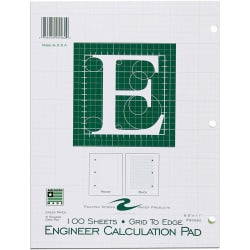 Roaring Spring 5x5 Grid Engineering Pad, 15# Green, 3 Hole Punched, 8.5in x 11in 200 Sheets, Green Paper Gride to Edge