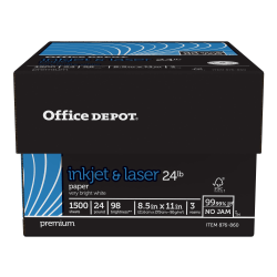 Office Depot Brand Inkjet and Laser Print Paper, Letter Size Paper, 98 Brightness, 24 Lb, 500 Sheets Per Ream, Case Of 3 Reams