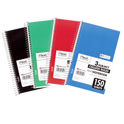 Mead Wirebound Notebook, 6in x 9 1/2in, 3 Subject, College Ruled, 300 Pages (150 Sheets), Assorted Colors