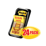 Post-it Message Flags, "Sign Here", 1in x 1-11/16in, Yellow, 50 Flags Per Pad, Pack Of 24 Pads