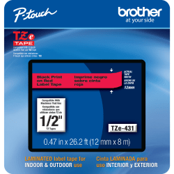 Brother TZE431CS Genuine P-Touch Laminated Label Tape, 1/2in x 26-1/4ft, Black/Red