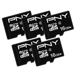 PNY Performance Class 4 microSDHC Flash Memory Cards, 16GB, Pack Of 5 Memory Cards