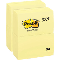 Post-it Notes Original Notepads - 3in x 5in - Rectangle - 100 Sheets per Pad - Unruled - Canary Yellow - Paper - Self-adhesive, Repositionable - 24 / Bundle