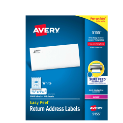 Avery Easy Peel Return Address Labels With Sure Feed Technology, 5155, Rectangle, 2/3in x 1-3/4in, White, Pack Of 6,000