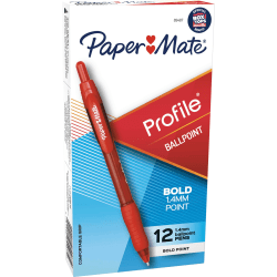 Paper Mate Profile Retractable Ballpoint Pens, Bold Point, 1.4 mm, Translucent Barrel, Red Ink, Pack Of 12