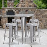 Flash Furniture Commercial-Grade Round Metal Indoor/Outdoor Bar Table Set With 4 Square-Seat Backless Stools, Silver