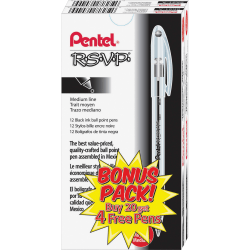 Pentel R.S.V.P. Ballpoint Stick Pens, Pack Of 24, Medium Point, 0.7 mm, Clear Barrel, Black Ink