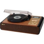 JENSEN 3-Speed Stereo Turntable with Cassette Player/Recorder and AM/FM Stereo Radio - Belt Drive - 33.33, 45, 78 rpm - Analog Magnetic - Brown, Gold - Auxiliary Audio In - Audio Line Out