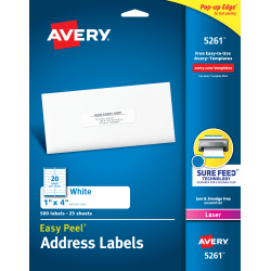 Avery Easy Peel Address Labels With Sure Feed Technology, 5261, Rectangle, 1in x 4in, White, Pack Of 500