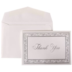 JAM Paper Thank You Card Set, 4 7/8in x 3 3/8in, 65 Lb, Bright White/Pearl Border, Set Of 104 Cards And 100 Envelopes