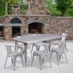 Flash Furniture Commercial-Grade Rectangular Metal Indoor/Outdoor Table Set With 6 Arm Chairs, Silver