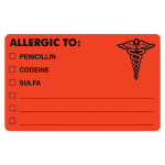 Tabbies "ALLERGIC TO:" Medical Allergy Labels, TAB00488, 4in x 2 1/2in, Fluorescent Red, Roll Of 100