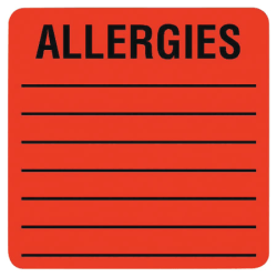 Tabbies Allergy Labels, TAB40560, 2in x 2in Square, Flourescent Red, Roll of 500