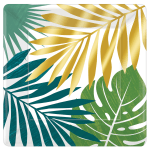 Amscan Key West Palm Leaf Square Metallic Paper Dinner Plates, 10in x 10in, Green, 8 Plates Per Pack, Set Of 3 Packs