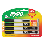 EXPO Magnetic Dry Erase Markers With Eraser, Fine Tip, Black Ink, Pack Of 4