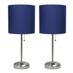 LimeLights Brushed Steel Stick Lamp with Charging Outlet and Navy Fabric Shade 2 Pack Set