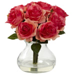 Nearly Natural Rose 11inH Plastic Floral Arrangement With Vase, 11inH x 11inW x 11inD, Dark Pink