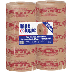 Tape Logic Preprinted Reinforced Water-Activated Tape, Warning, 3in Core, 3in x 150 Yd., Kraft, Case Of 10