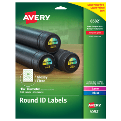 Avery Glossy Clear Print-to-the-Edge Easy Peel Labels With Sure Feed Technology, 6582, Round, 1-5/8in Diameter, Clear, Pack Of 500