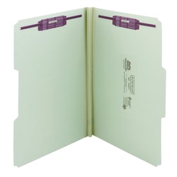 Smead Pressboard Fastener Folders With SafeSHIELD Coated Fasteners, 1in Expansion, Legal Size, 100% Recycled, Gray/Green, Box Of 25