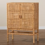 bali & pari Vivan 33inW Rattan And Mahogany Wood 3-Shelf Storage Cabinet, Natural Brown