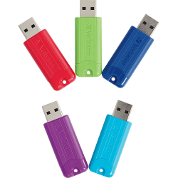 Verbatim 64GB PinStripe USB 3.2 Gen 1 Flash Drive - 5pk - Assorted - 64 GB - 5 Pk - Assorted