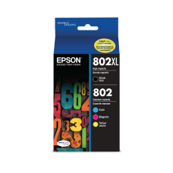 Epson 802XL/802 DuraBrite High-Yield Black And Cyan, Magenta, Yellow Ink Cartridges, Pack Of 4, T802XL-BCS