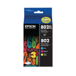 Epson 802XL Black/802 DuraBrite Cyan; Magenta; Yellow High-Yield Ink Cartridges, Pack Of 4, T802XL-BCS