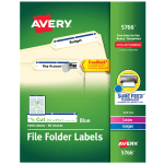 Avery TrueBlock File Folder Labels With Sure Feed Technology, 5766, Rectangle, 2/3in x 3-7/16in, White/Blue, Pack Of 1,500