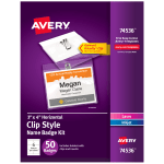 Avery Customizable Name Badges With Clips, Rectangle, 74536, 3in x 4in, Clear Holders With White Inserts, Box Of 50