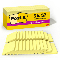 Post-it Super Sticky Notes, 3 in x 3 in, 24 Pads, 90 Sheets/Pad, 2x the Sticking Power, Canary Yellow