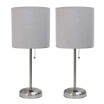 LimeLights Brushed Steel Stick Lamp with Charging Outlet and Gray Fabric Shade 2 Pack Set