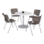 KFI Studios KOOL Round Pedestal Table With 4 Stacking Chairs, White/Brownstone