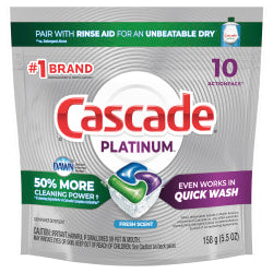 Cascade Platinum ActionPacs Dishwasher Detergent Pods, 5.5 Oz, Fresh Scent, 10 Pods Per Pack, Case Of 6 Packs