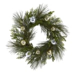 Nearly Natural 26inH Sparkling Pine Christmas Wreath With Decorative Ornaments, 26in x 5in, Green