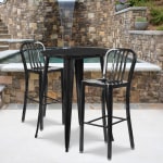 Flash Furniture Commercial-Grade Round Metal Indoor/Outdoor Bar Table Set With 2 Vertical Slat-Back Stools, Black