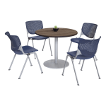 KFI Studios KOOL Round Pedestal Table With 4 Stacking Chairs, Studio Teak/Navy