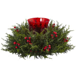 Nearly Natural 6-1/2inH Cedar Berry Candelabrum, 6-1/2inH x 16inW x 15inD, Red/Green