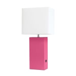 Elegant Designs Modern Leather/Fabric Desk Lamp With USB Port, 21inH, White Shade/Hot Pink Base