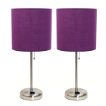 LimeLights Brushed Steel Stick Lamp with Charging Outlet and Purple Fabric Shade 2 Pack Set