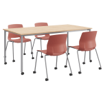 KFI Studios Dailey Table And 4 Chairs, With Caster, Natural/Silver Table, Coral/Silver Chairs