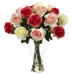 Nearly Natural Blooming Roses 18inH Plastic Floral Arrangement With Vase, 18inH x 13inW x 13inD, Multicolor