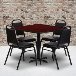 Flash Furniture Square Table With 4 Trapezoidal-Back Banquet Chairs, 30in x 36in, Mahogany/Black