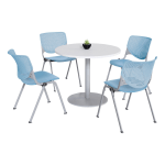 KFI Studios KOOL Round Pedestal Table With 4 Stacking Chairs, White/Sky Blue