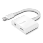 Belkin 3.5 mm Audio + Charge RockStar - Lightning to headphone jack / charging adapter - Lightning male to 4-pole mini jack, Lightning female - white