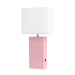 Elegant Designs Modern Leather/Fabric Desk Lamp With USB Port, 21inH, White Shade/Pink Base